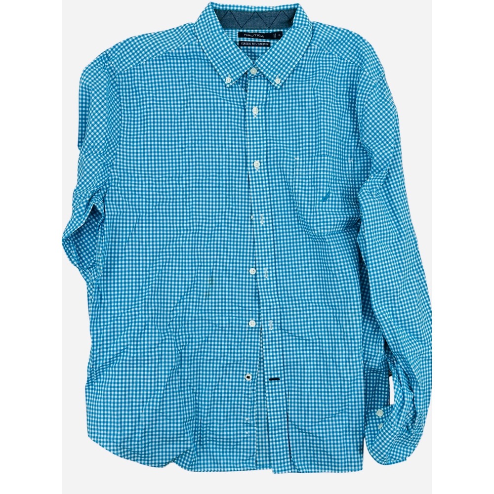 Nautica Mens Button Down Shirt Gingham Blue White Classic‎ Fit Stretch XL